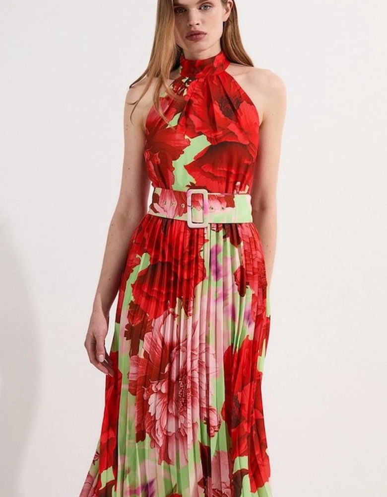 Floral Georgette Halter Neck Pleated Midi Dress