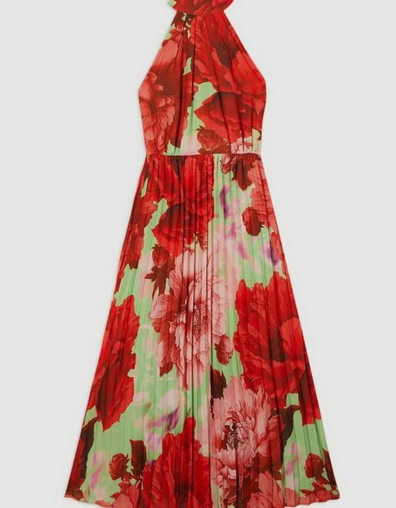 Floral Georgette Halter Neck Pleated Midi Dress