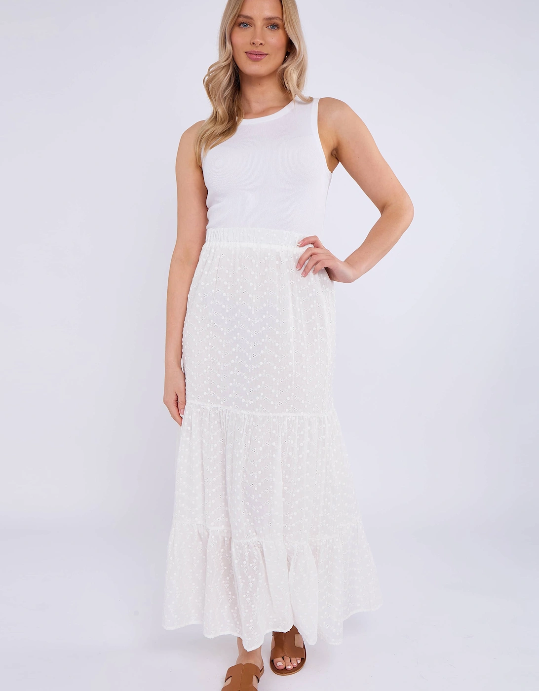 Gini London Women's White Cotton Broderie Skater Maxi Skirt - Size: 10