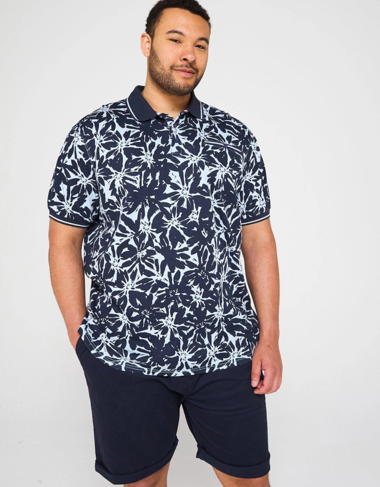Hawaiian Print Short Sleeve Polo Shirt - Blue