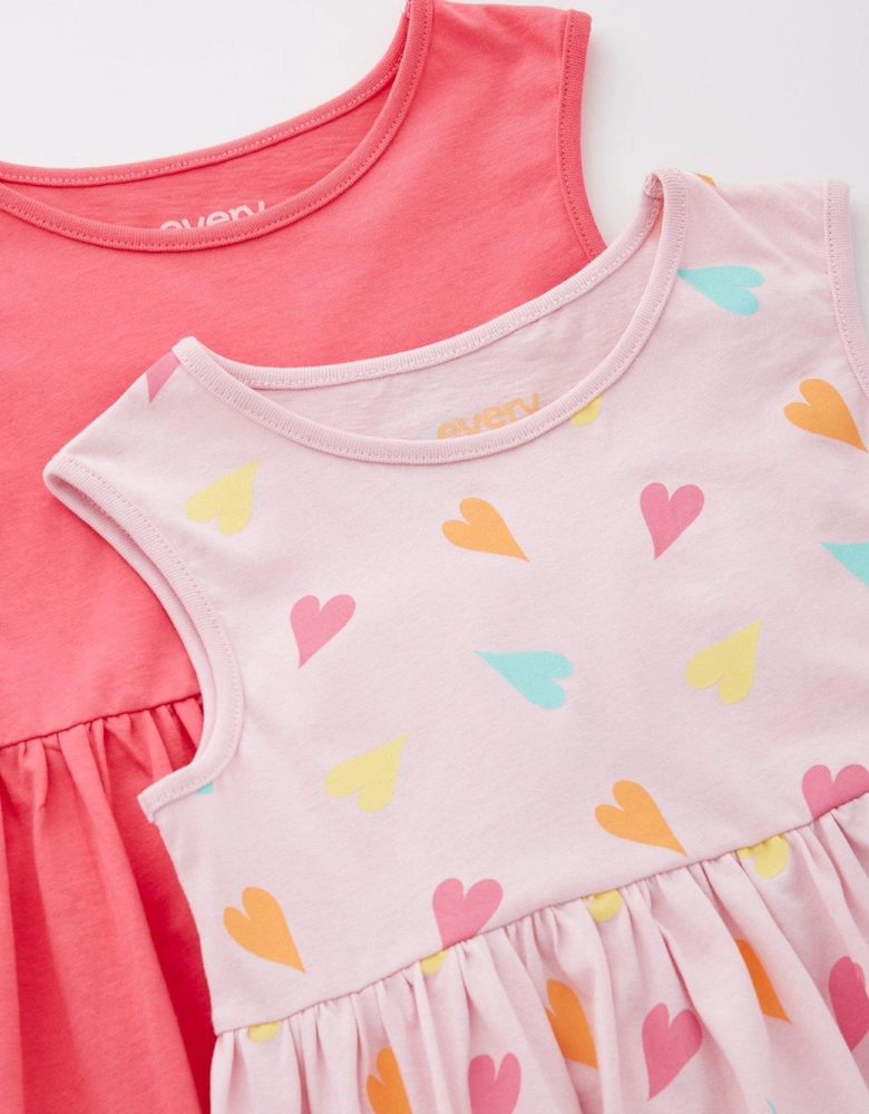 Girls 2 Pack Heart Print Sleeveless Dresses - Multi