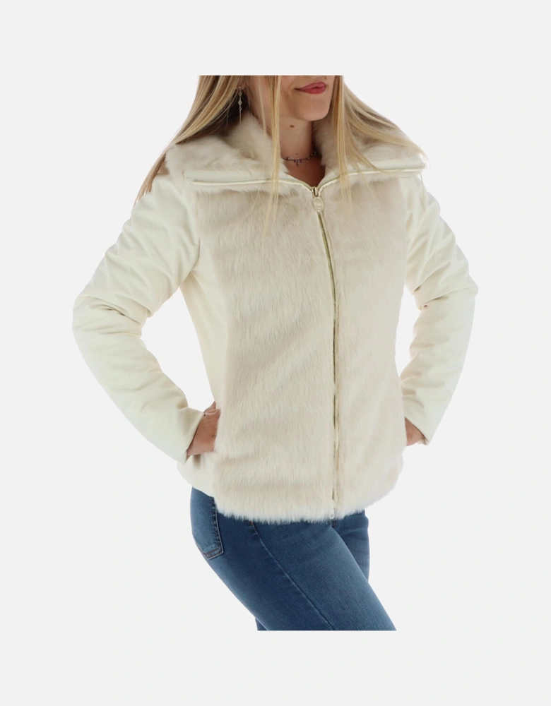 Faux Fur Jacket with Leather Sleeves Women - White