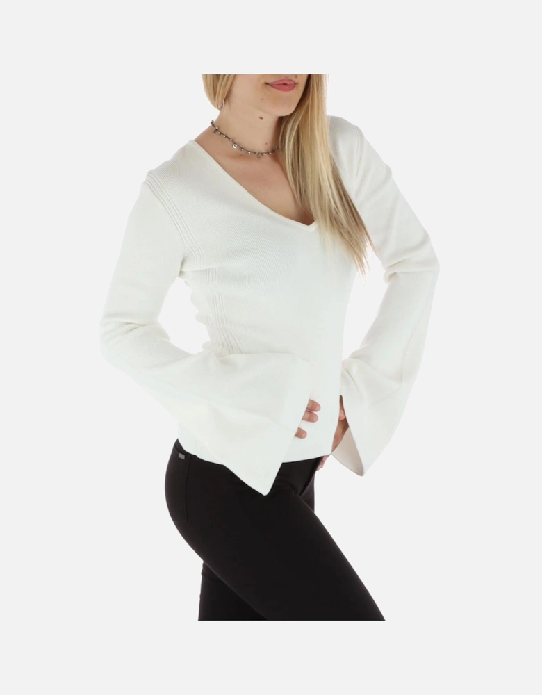 Ribbed Knit Bell Sleeve Sweater Women - White Knitwear