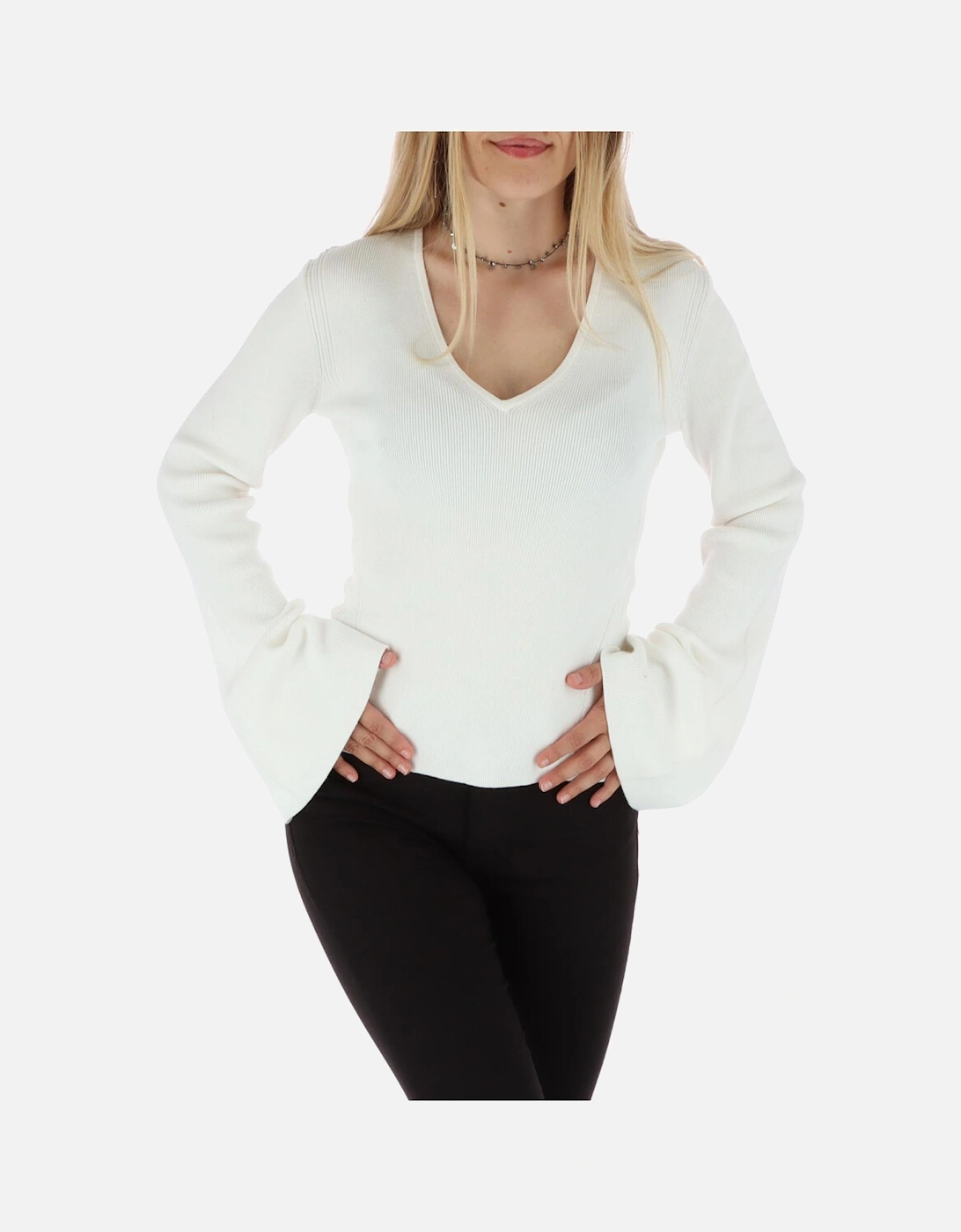 Ribbed Knit Bell Sleeve Sweater Women - White Knitwear, 4 of 3