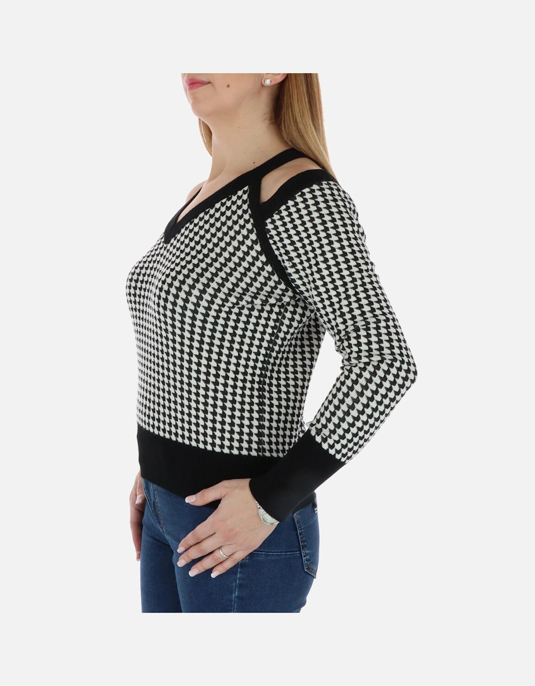 Houndstooth Cutout Shoulder Sweater Women - Black Knitwear