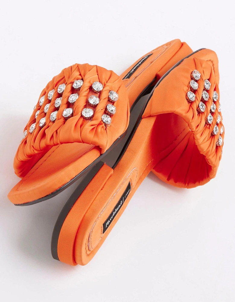 Embellished Ruched Flat Sandal - Orange