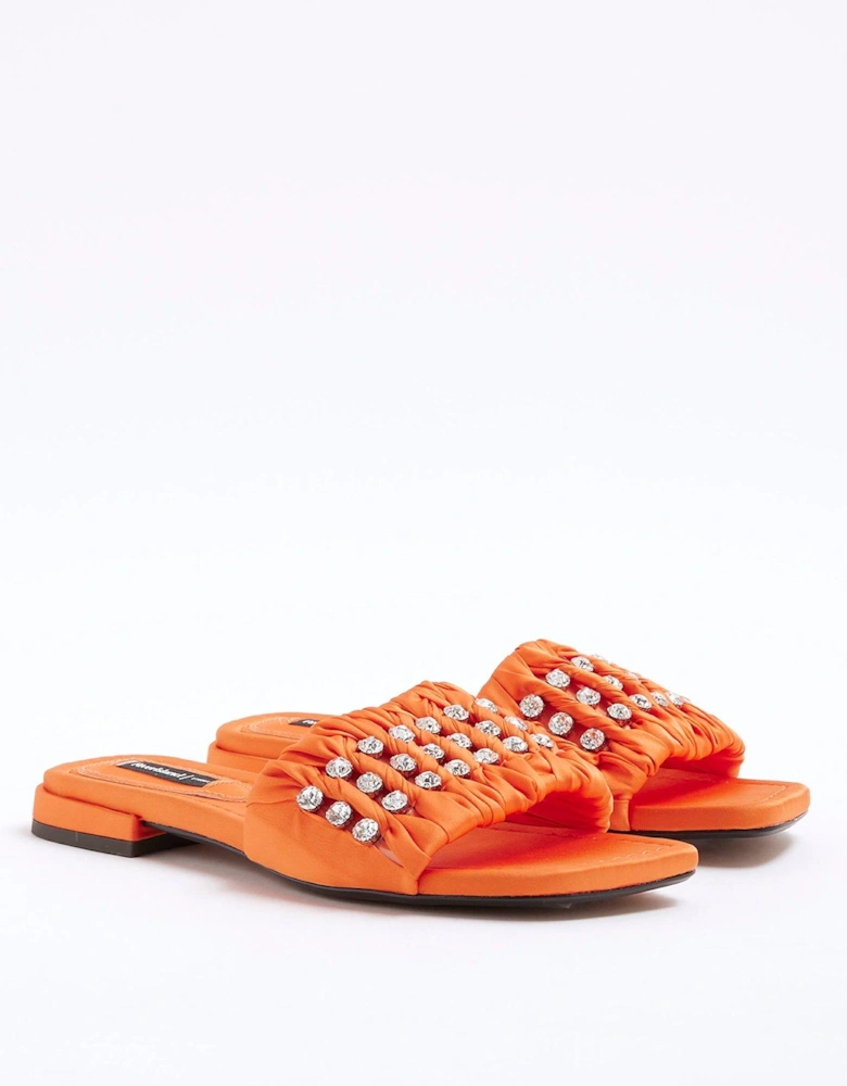 Embellished Ruched Flat Sandal - Orange