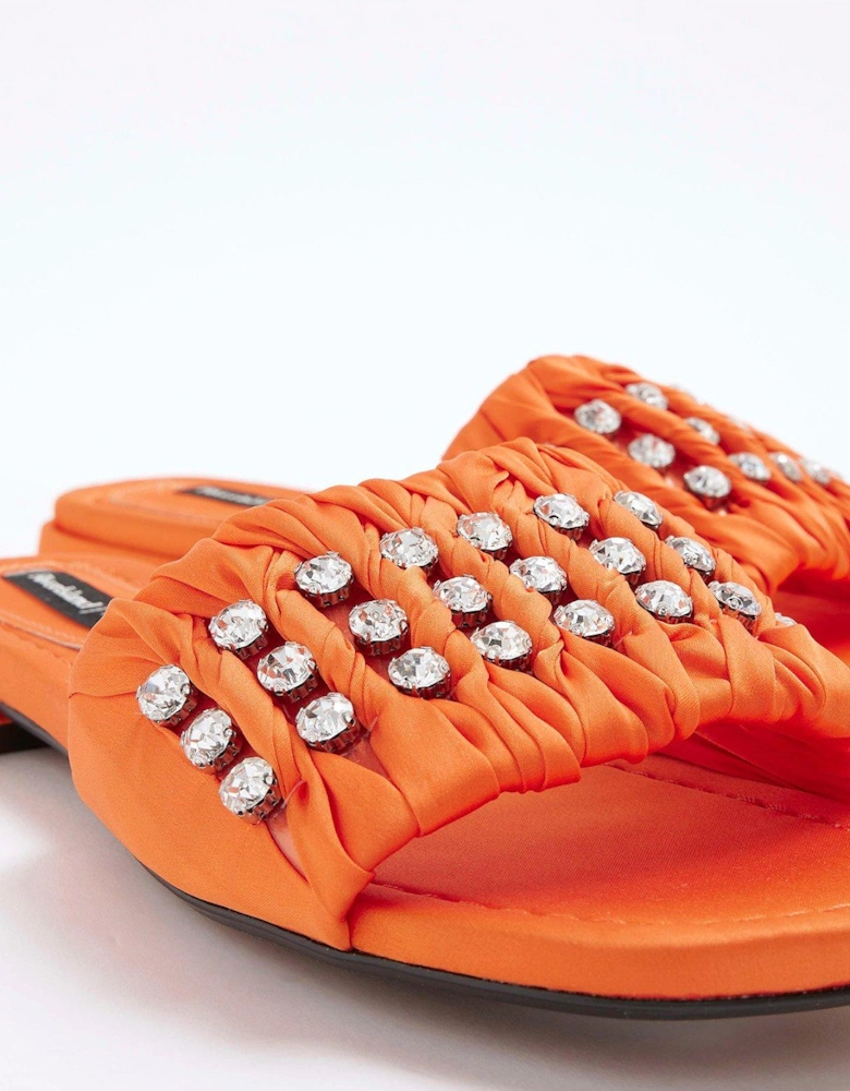 Embellished Ruched Flat Sandal - Orange