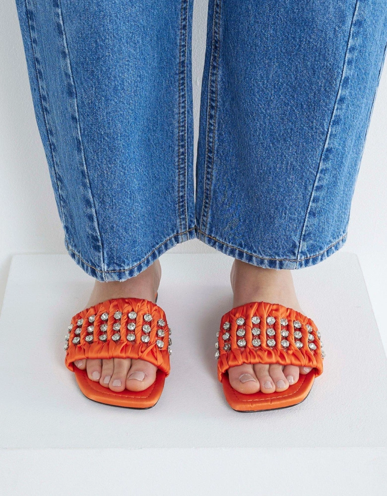 Embellished Ruched Flat Sandal - Orange