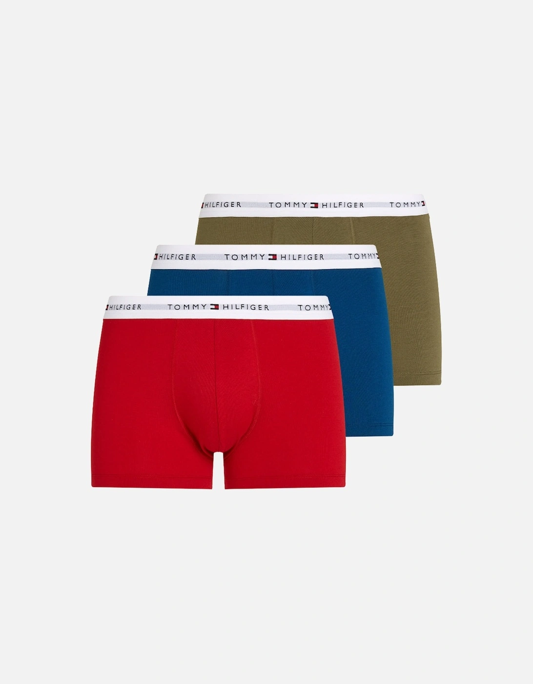 Tommy Hilfiger Men's Red 3-Pack Signature Cotton Boxer Trunks, Deep Indigo/Primary /Utility Olive - : 32/30/31 Small