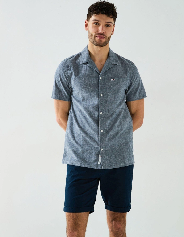 Linen Blend Camp Collar Short Sleeve Shirt - Navy