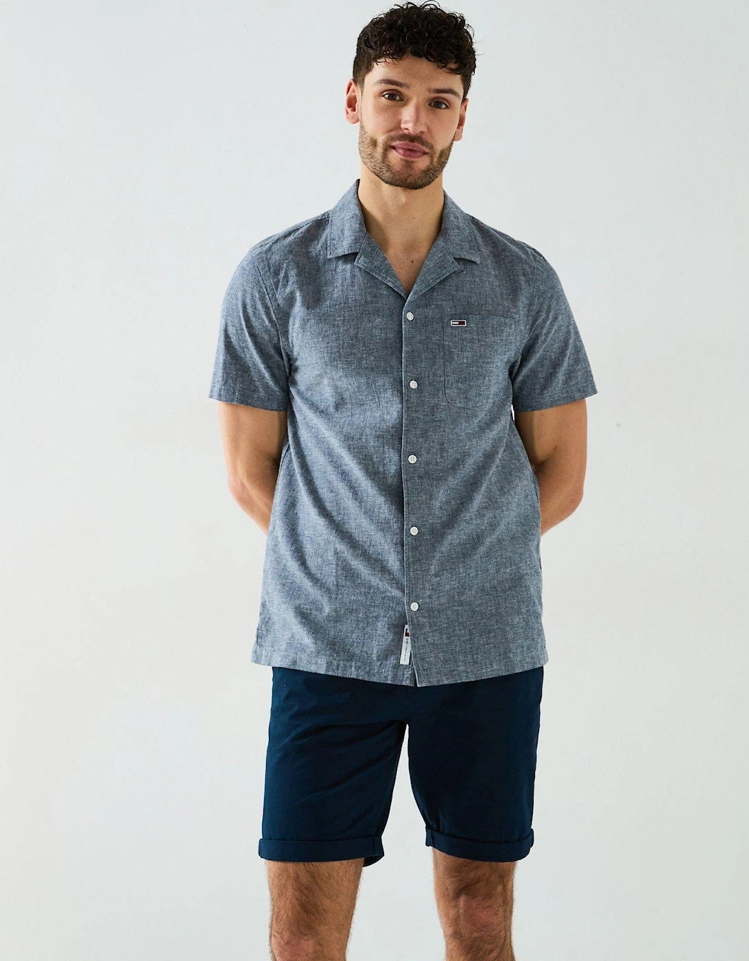 Linen Blend Camp Collar Short Sleeve Shirt - Navy, 2 of 1