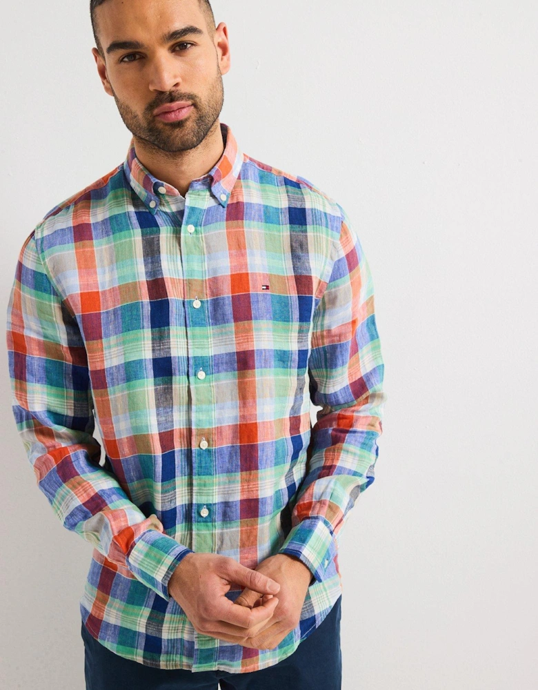 Regular Fit Linen Summer Madras Short Sleeve Shirt