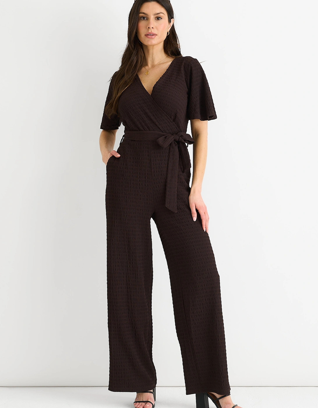 Gini London Women's Chocolate Textured Jersey Wrap Wide Leg Jumpsuit - Brown - Size: 12