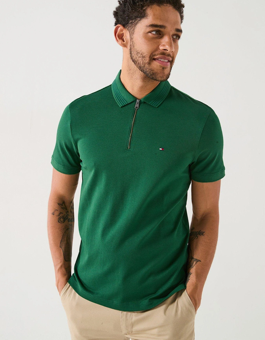 Regular Fit Mercerised Pique Zip Polo Shirt - Dark Green, 2 of 1