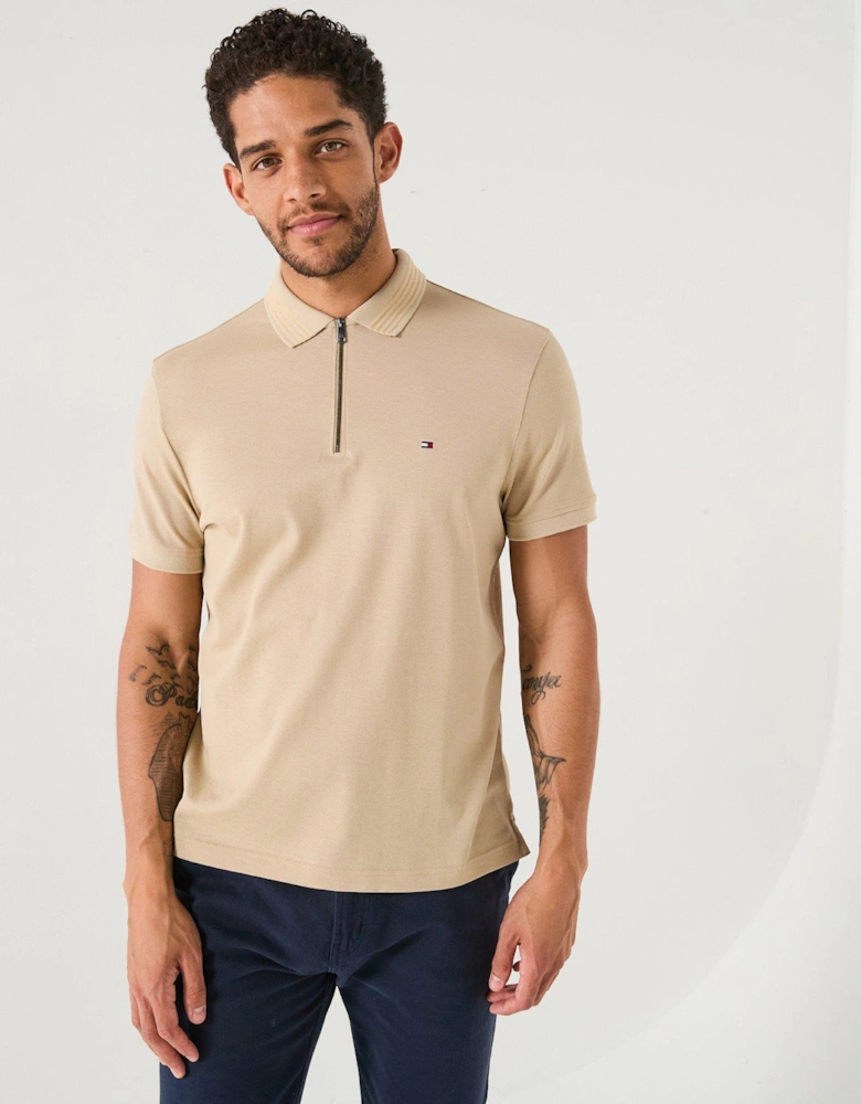 Regular Fit Mercerised Pique Zip Polo Shirt - Natural