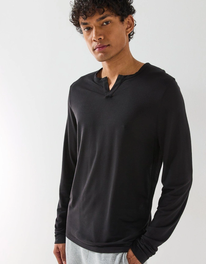 Loungewear Long Sleeve Henley Top - Black
