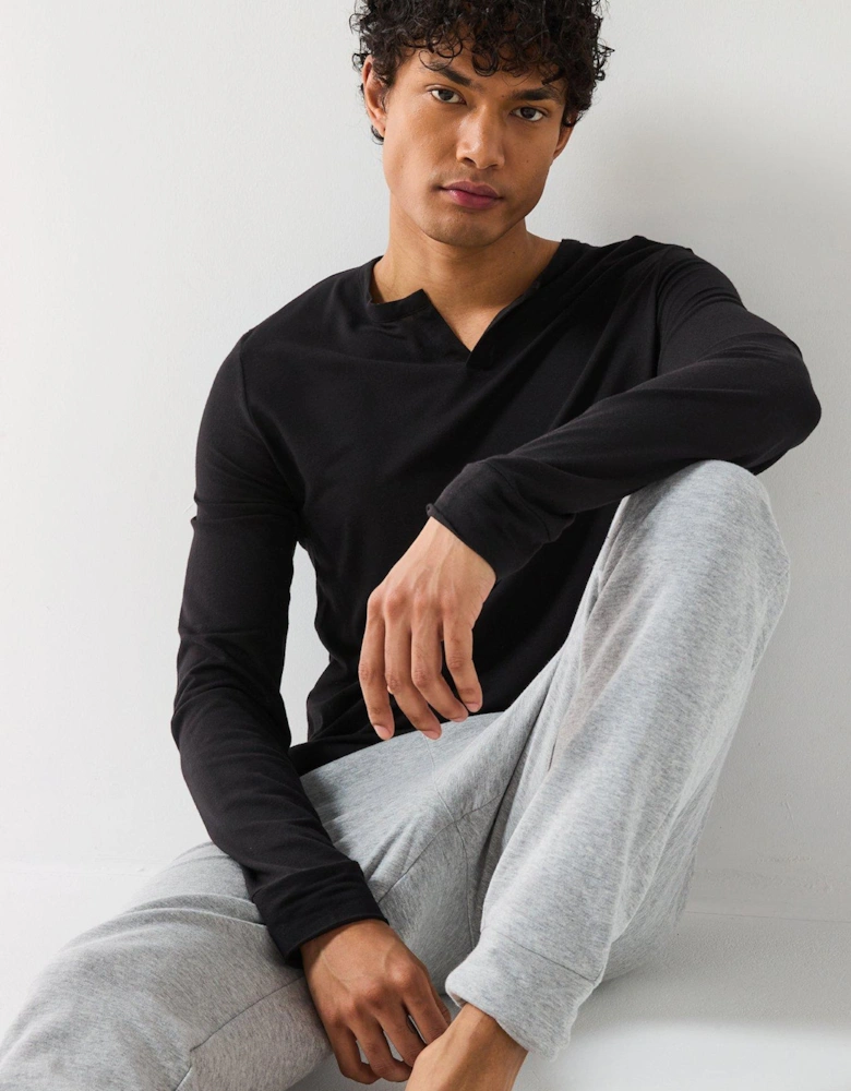 Loungewear Long Sleeve Henley Top - Black