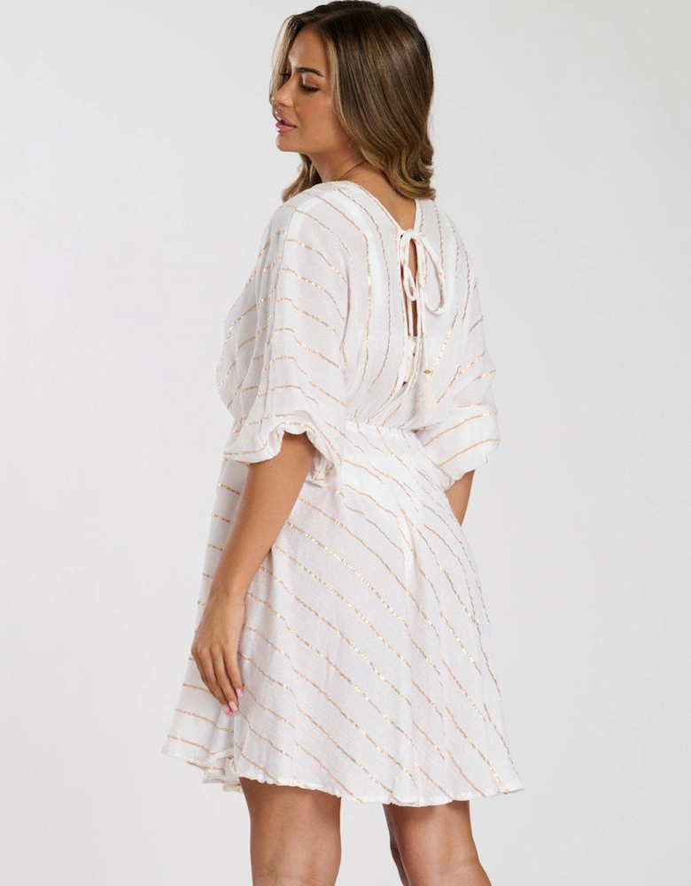 Metallic V Neck Sequin Stripe Mini Dress