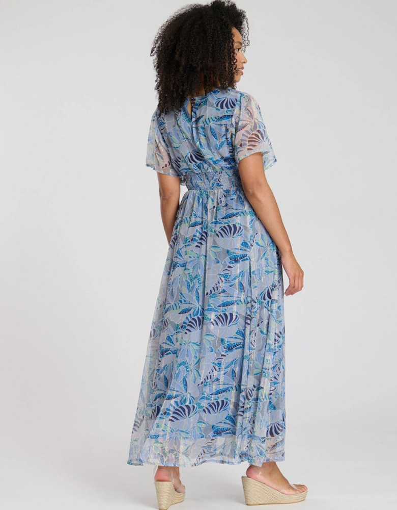 Printed Metallic Chiffon Button Detail Midi Dress