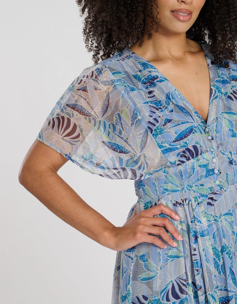 Printed Metallic Chiffon Button Detail Midi Dress
