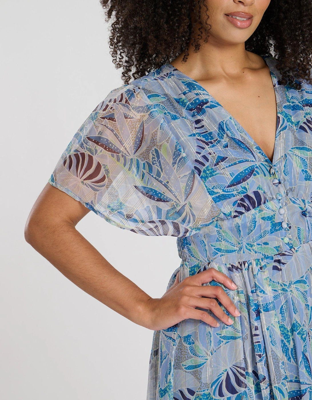 Printed Metallic Chiffon Button Detail Midi Dress
