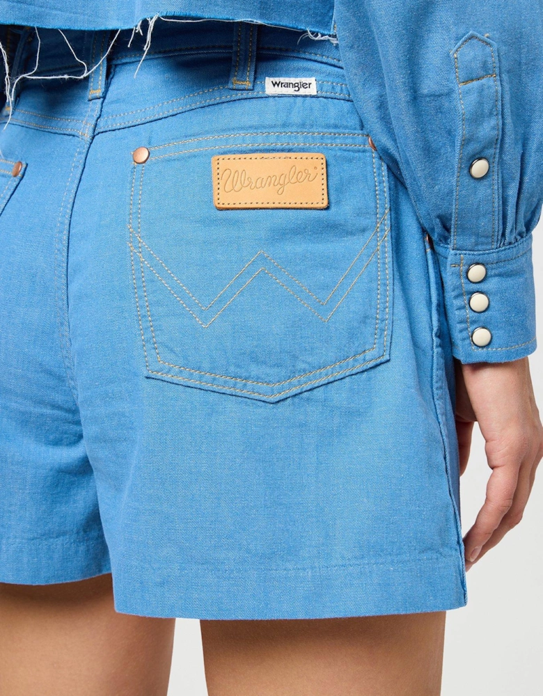 Pleated Denim Shorts - Blue