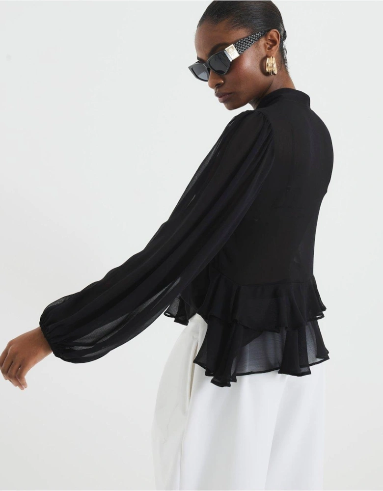Ruffle Pussybow Blouse - Black