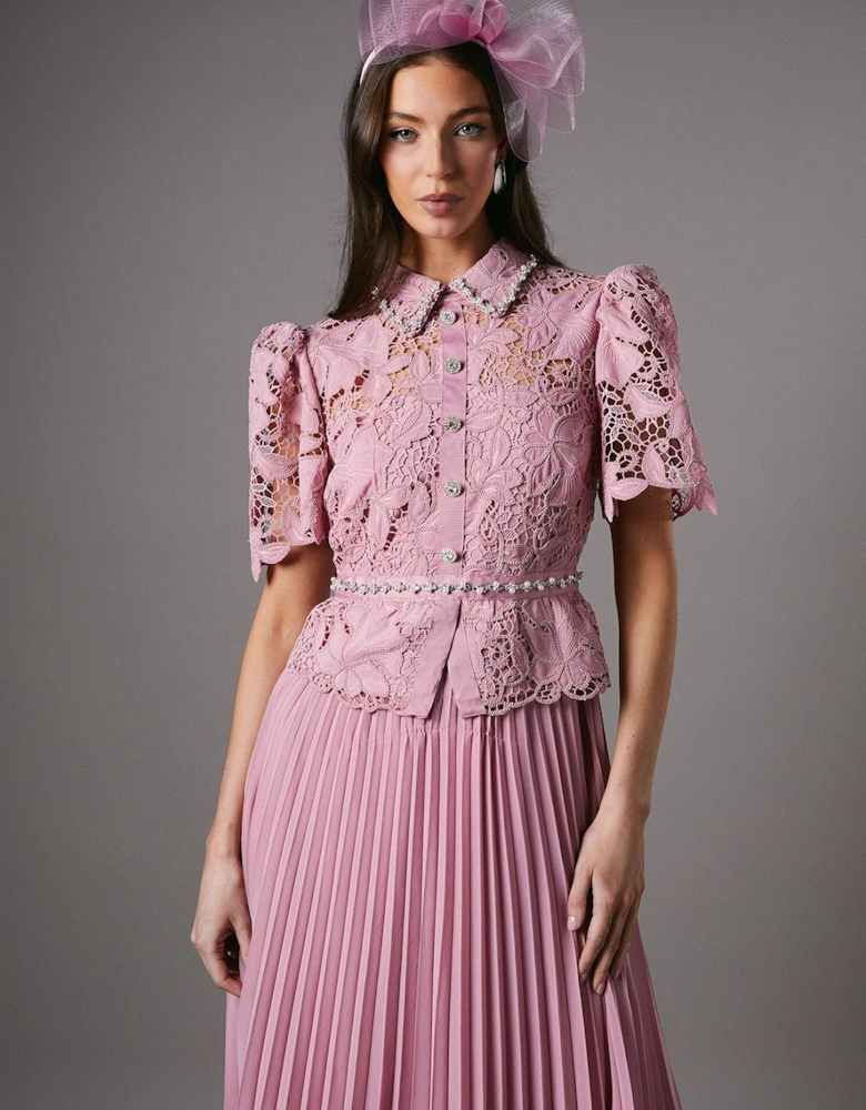 Lace Top Pleat Skirt Jewel Button Dress