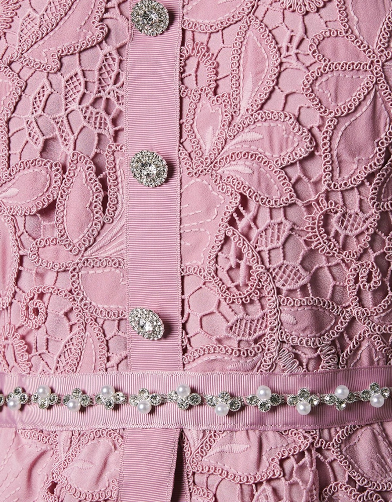 Lace Top Pleat Skirt Jewel Button Dress