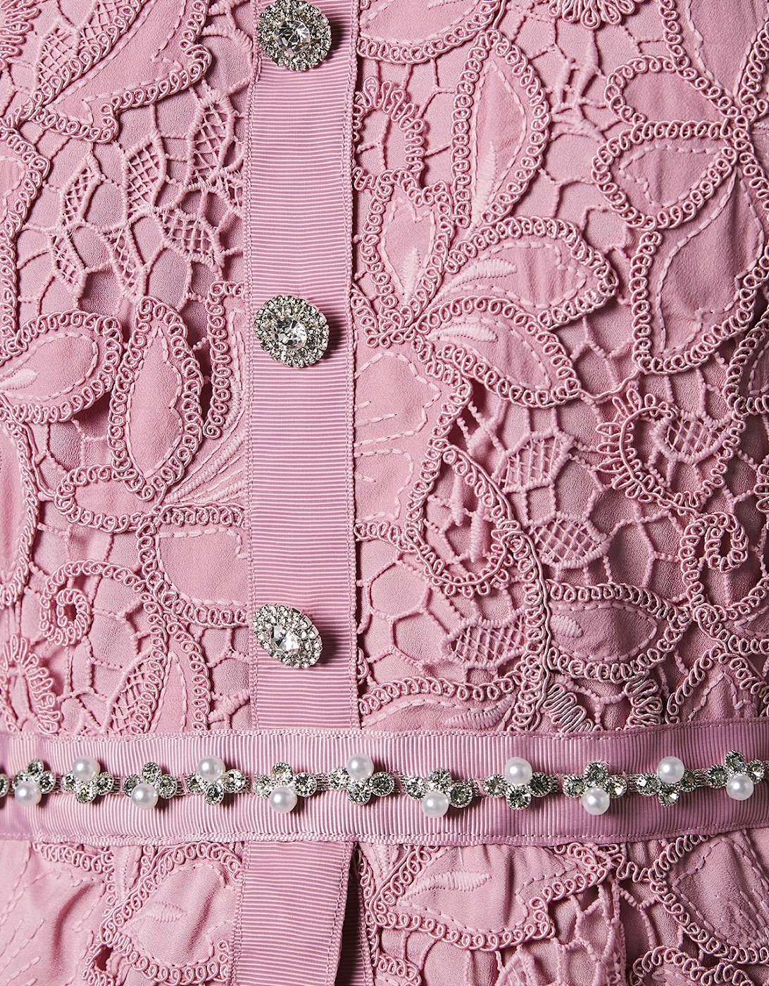 Lace Top Pleat Skirt Jewel Button Dress
