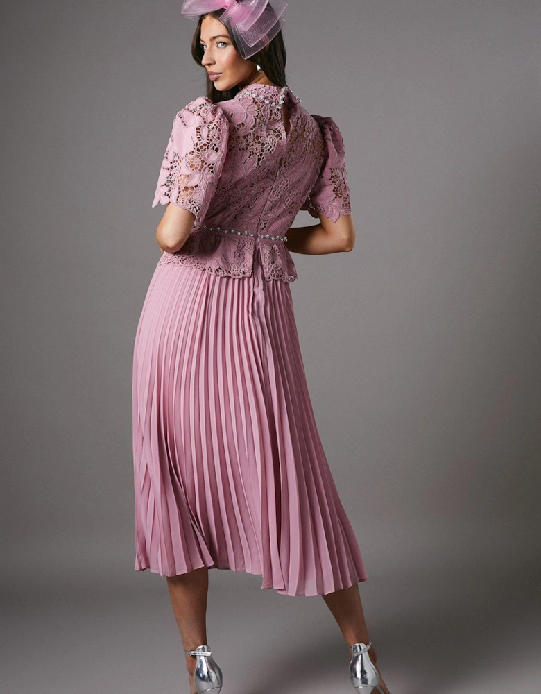 Lace Top Pleat Skirt Jewel Button Dress