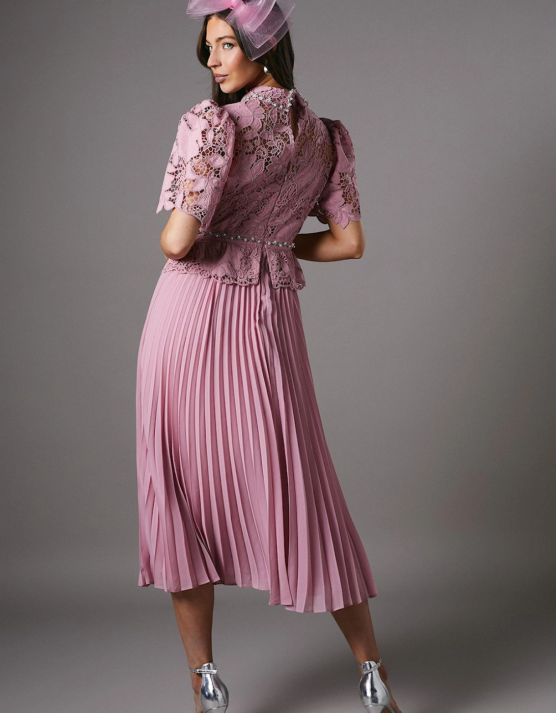Lace Top Pleat Skirt Jewel Button Dress
