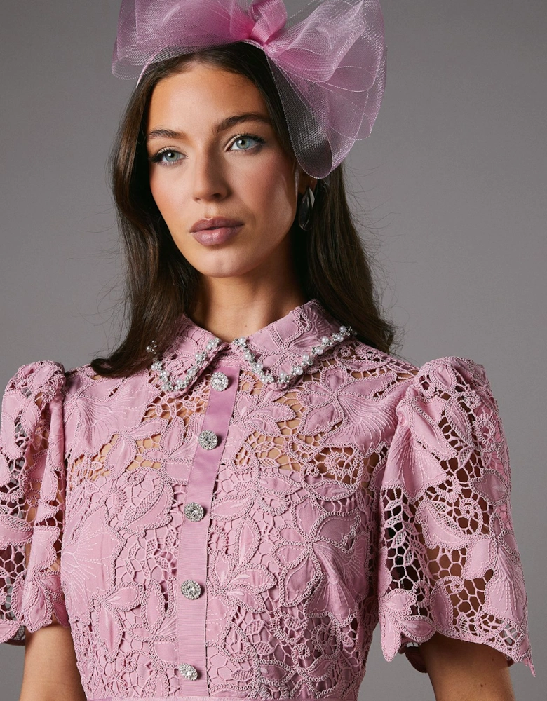 Lace Top Pleat Skirt Jewel Button Dress