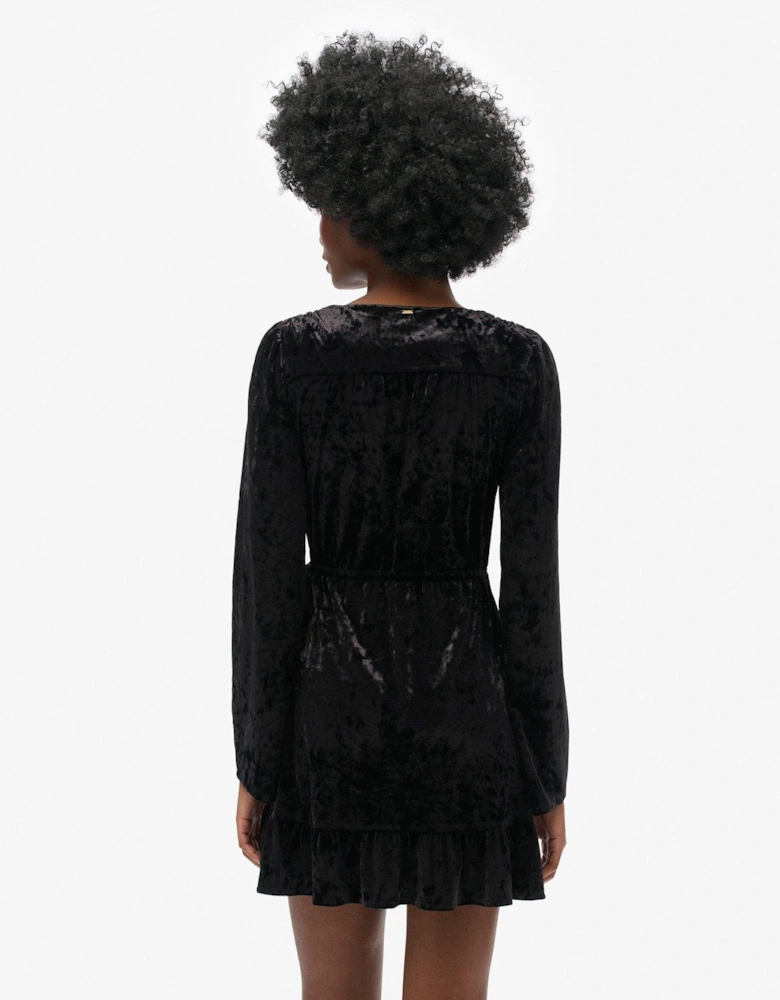 Long Sleeve Velvet Wrap Mini Dress - Black