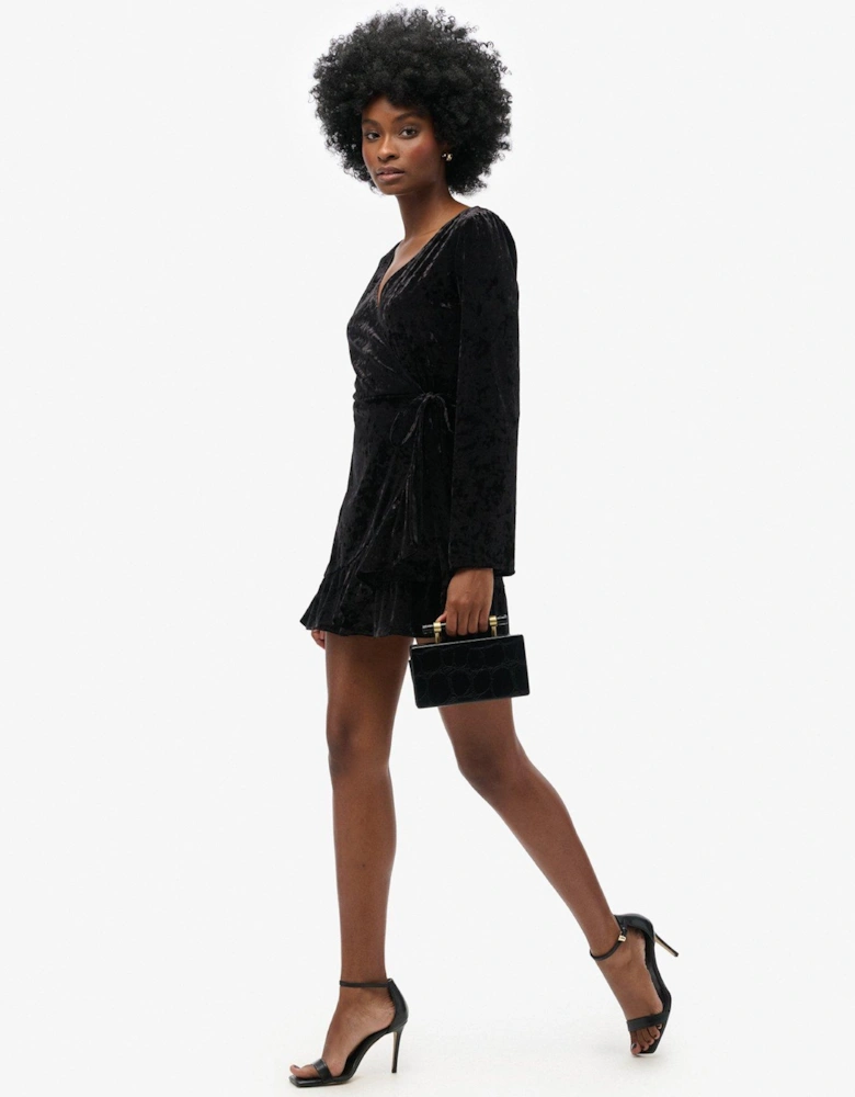 Long Sleeve Velvet Wrap Mini Dress - Black