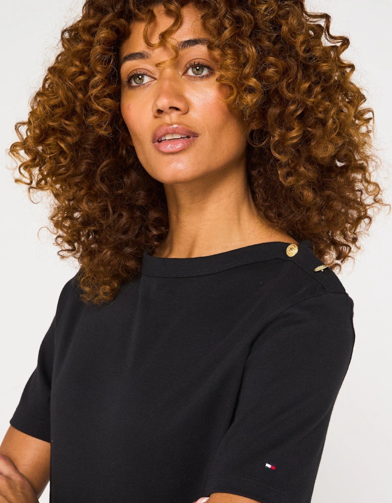 Gold Button Detailed T-Shirt - Black