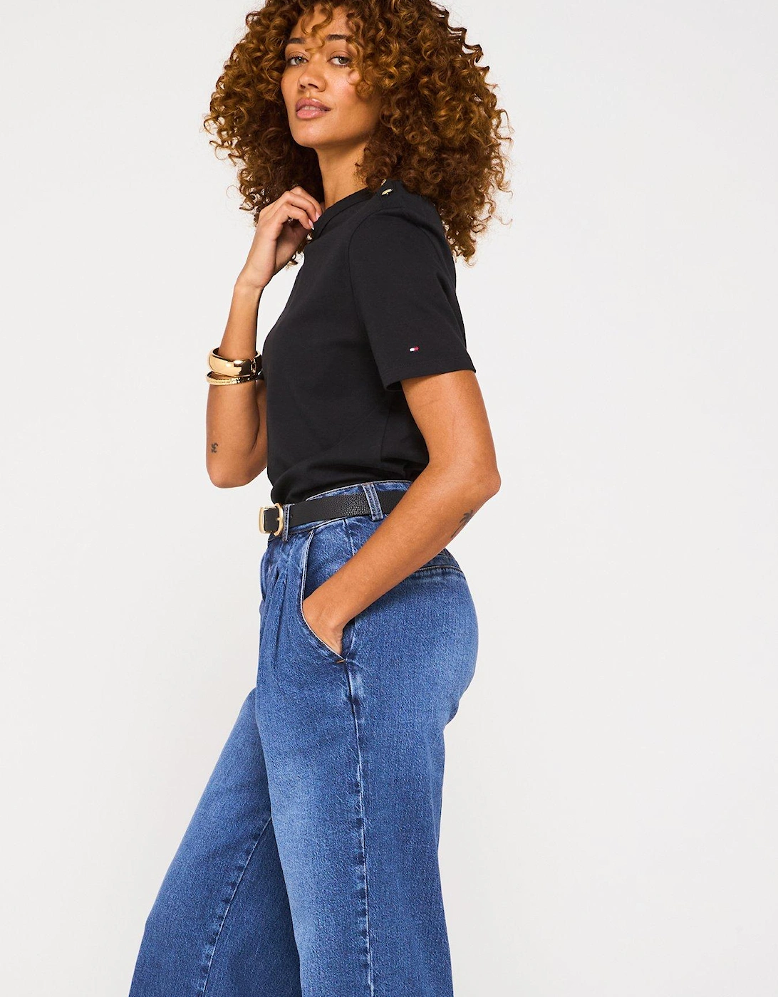 Gold Button Detailed T-Shirt - Black