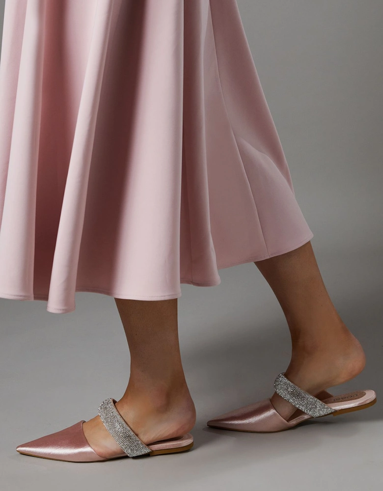 Teenie Satin Diamante Strap Pointed Flat Mules