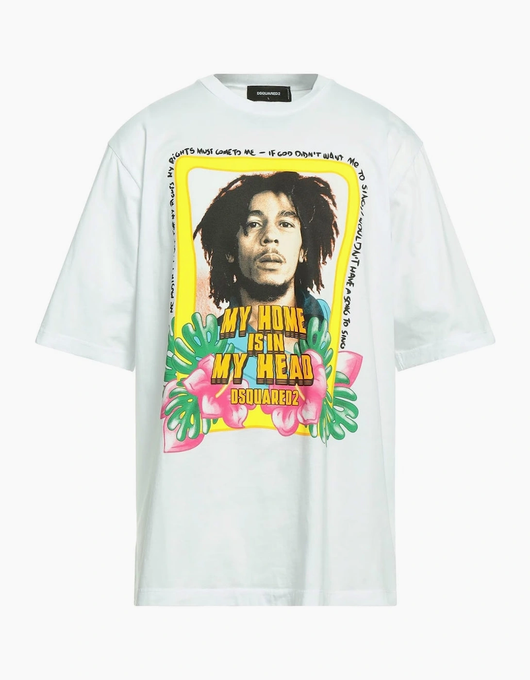 Dsquared2 Men's White Skater Fit Bob Marley Home Is In My Head Logo T-Shirt  34 Xs