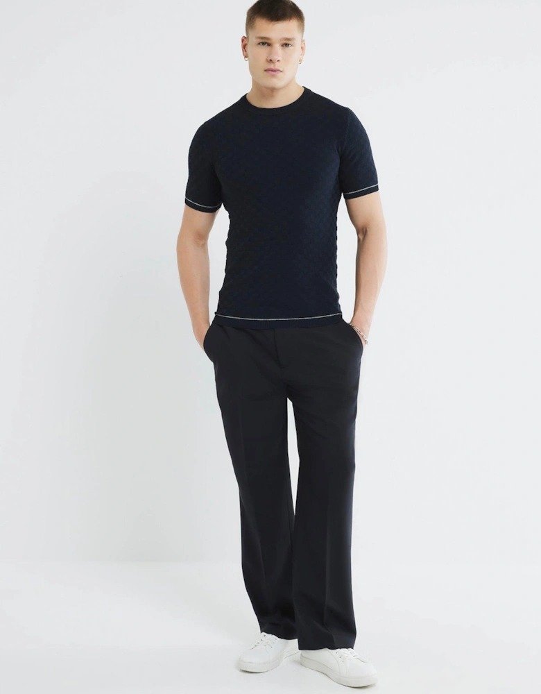 Short Sleeve Checkerboard Muscle Fit Knitted T-Shirt - Navy