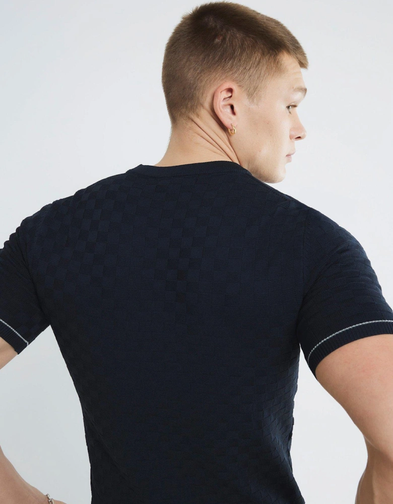 Short Sleeve Checkerboard Muscle Fit Knitted T-Shirt - Navy