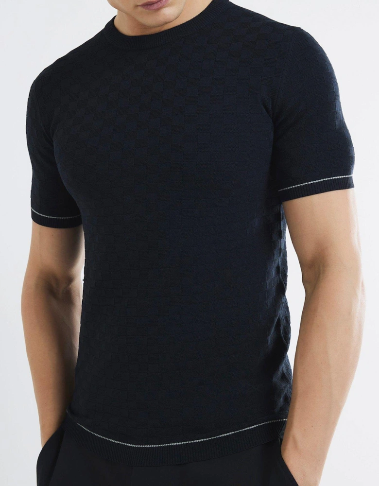 Short Sleeve Checkerboard Muscle Fit Knitted T-Shirt - Navy
