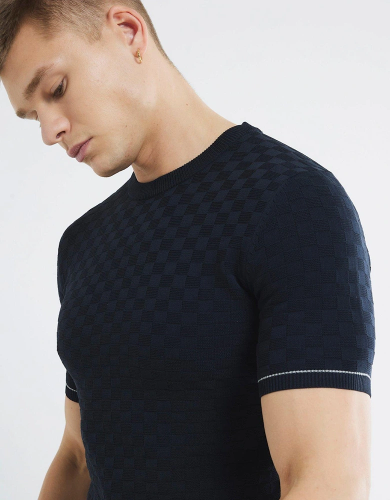 Short Sleeve Checkerboard Muscle Fit Knitted T-Shirt - Navy
