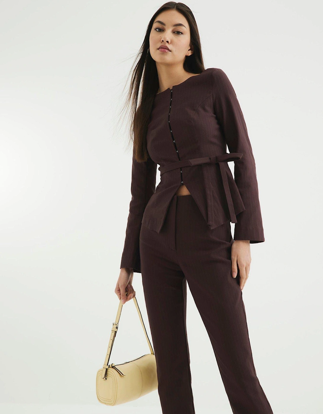 Boat Neck Belted Top - Brown