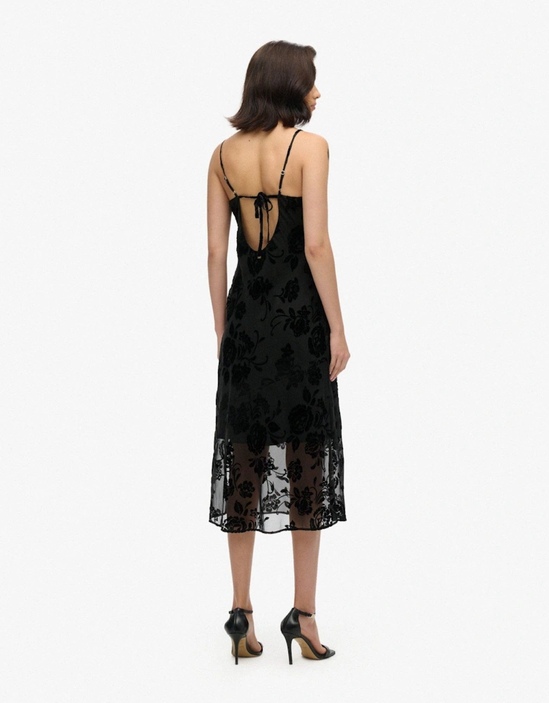 Lace Cowl Midi Slip Dress - Black