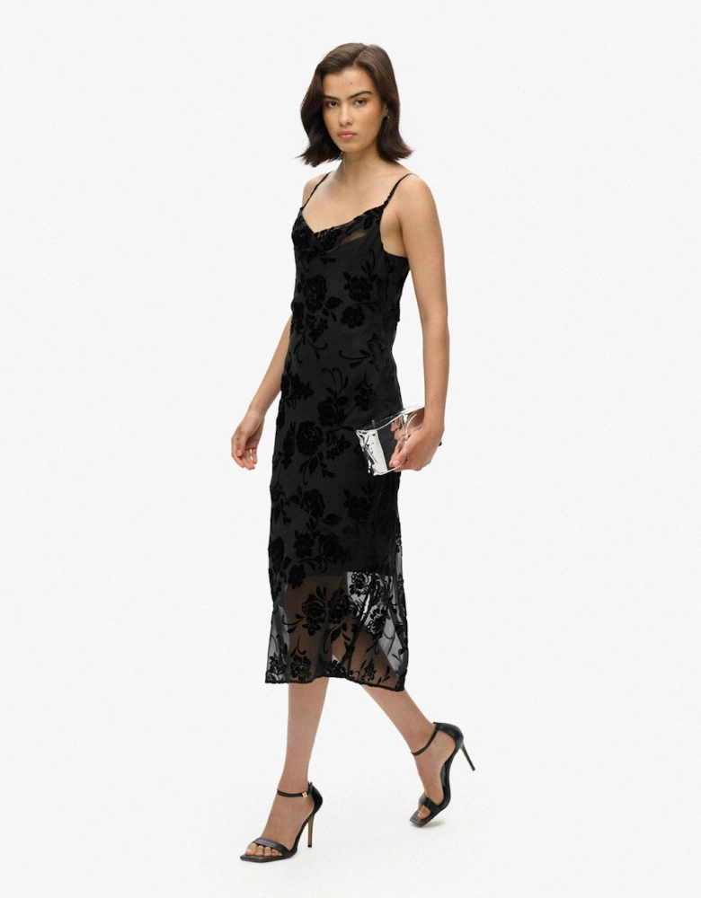 Lace Cowl Midi Slip Dress - Black