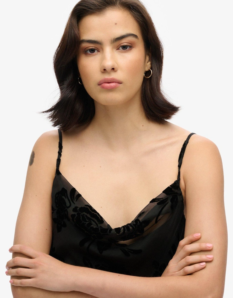 Lace Cowl Midi Slip Dress - Black