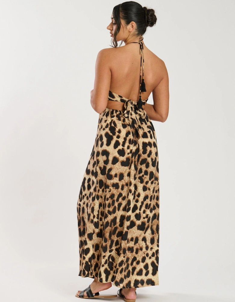 Printed Animal Halter neck Ring Detail Beach Maxi Dress