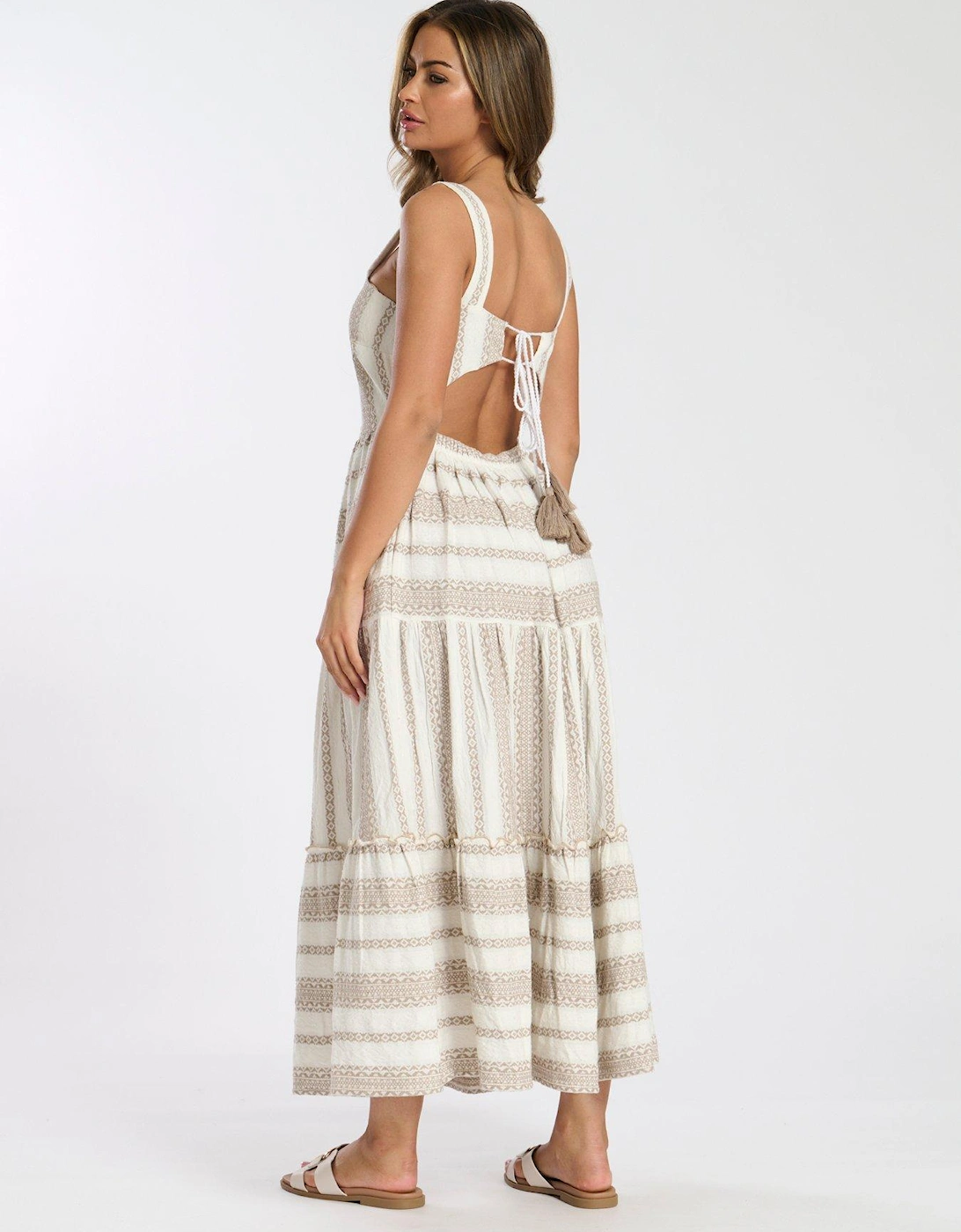 Square Neck Jacquard Maxi Dress - Beige